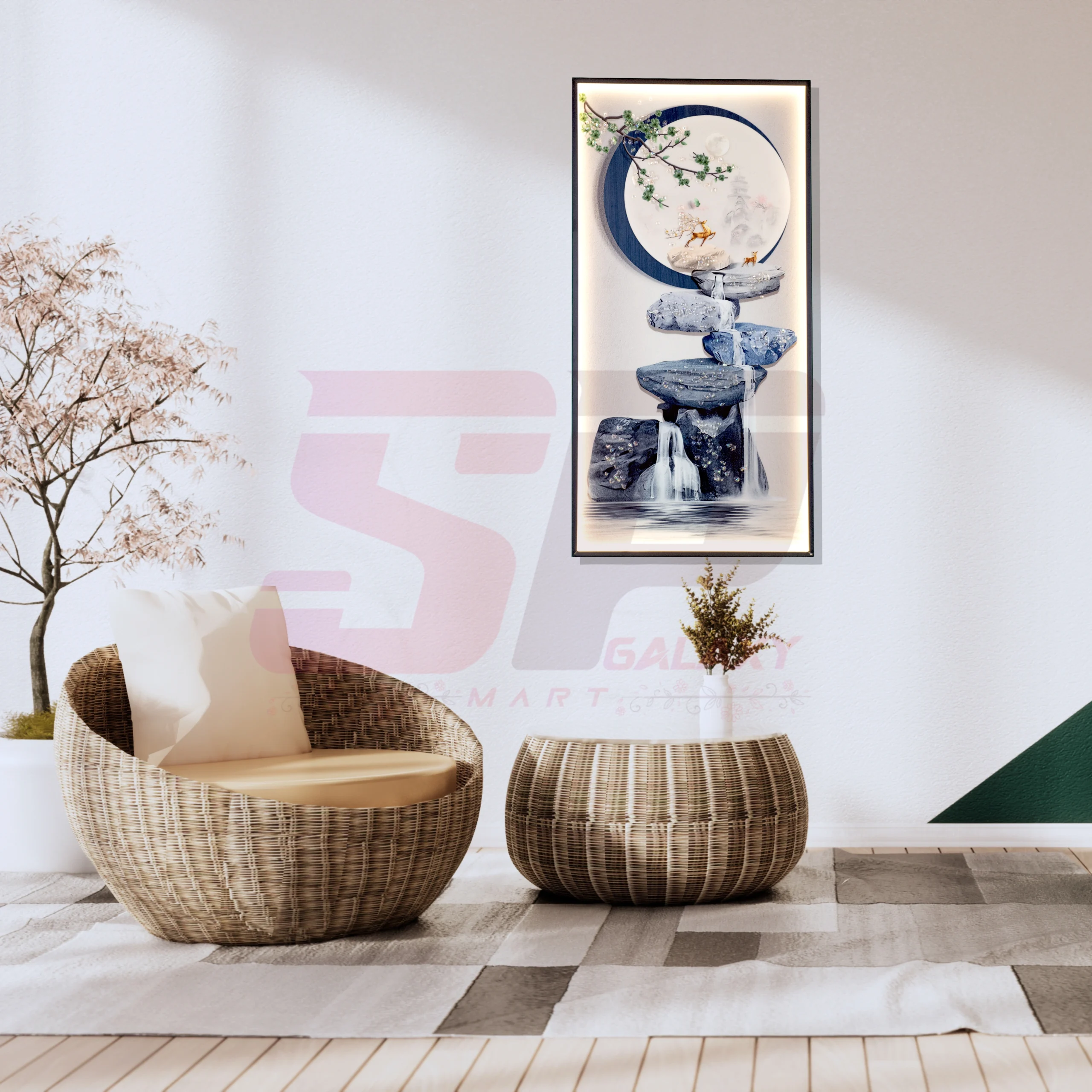 90 Zen Balance LED Wall Art with Moon Deer & Waterfall Stone Design - Image 1