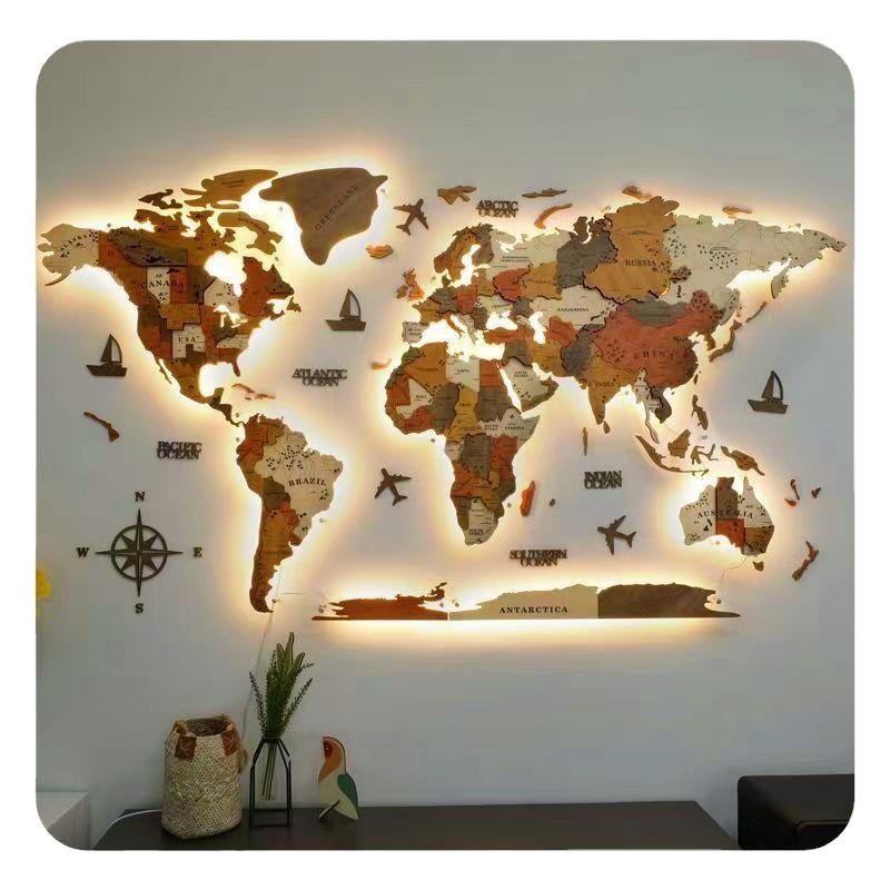 Luminara 3D Wooden World Map Luminara 3D Wooden World Map Wall Art with LED Backlight - Image 1