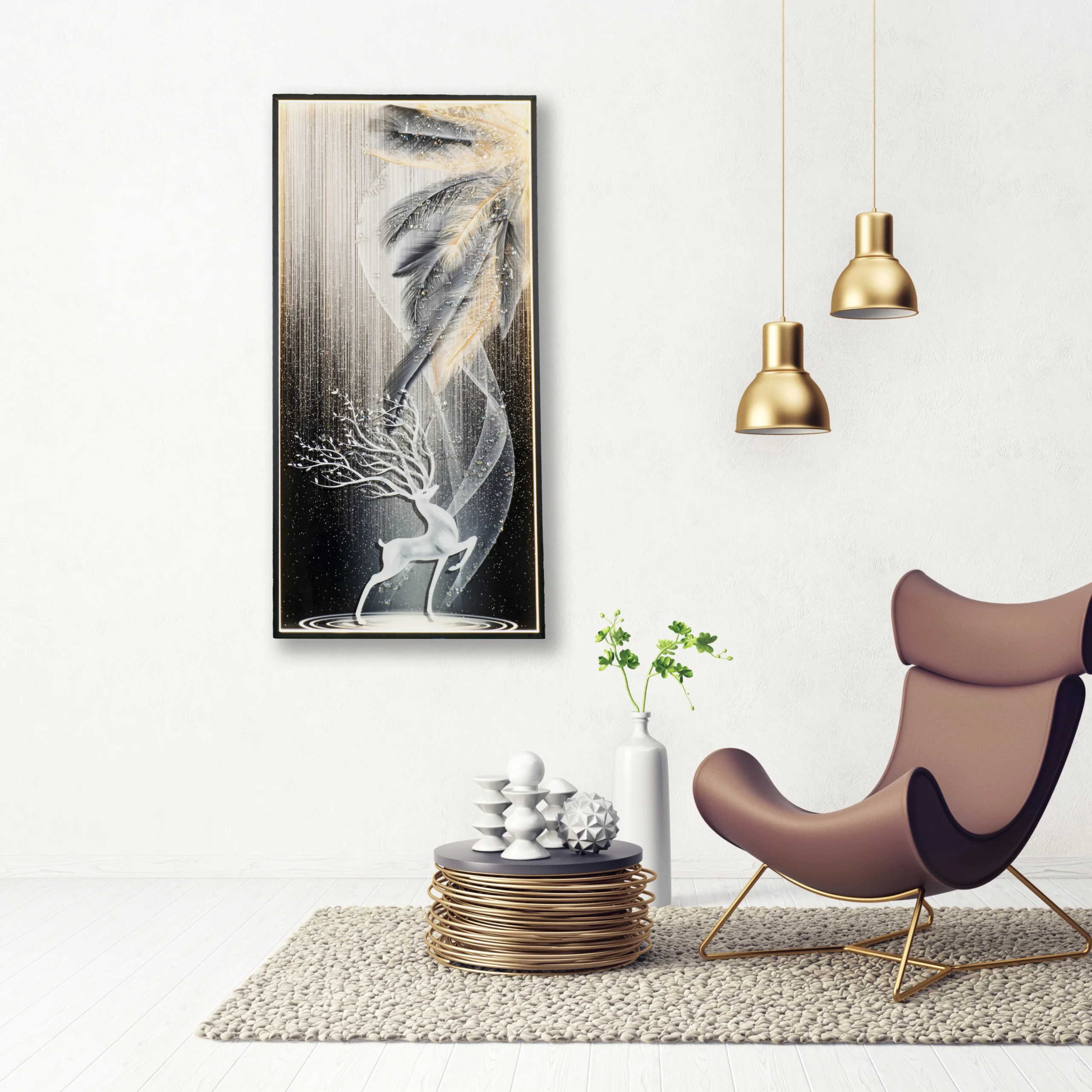 WAL07 1 Golden Serenity Deer Wall Art – Modern Framed Decor - Image 1