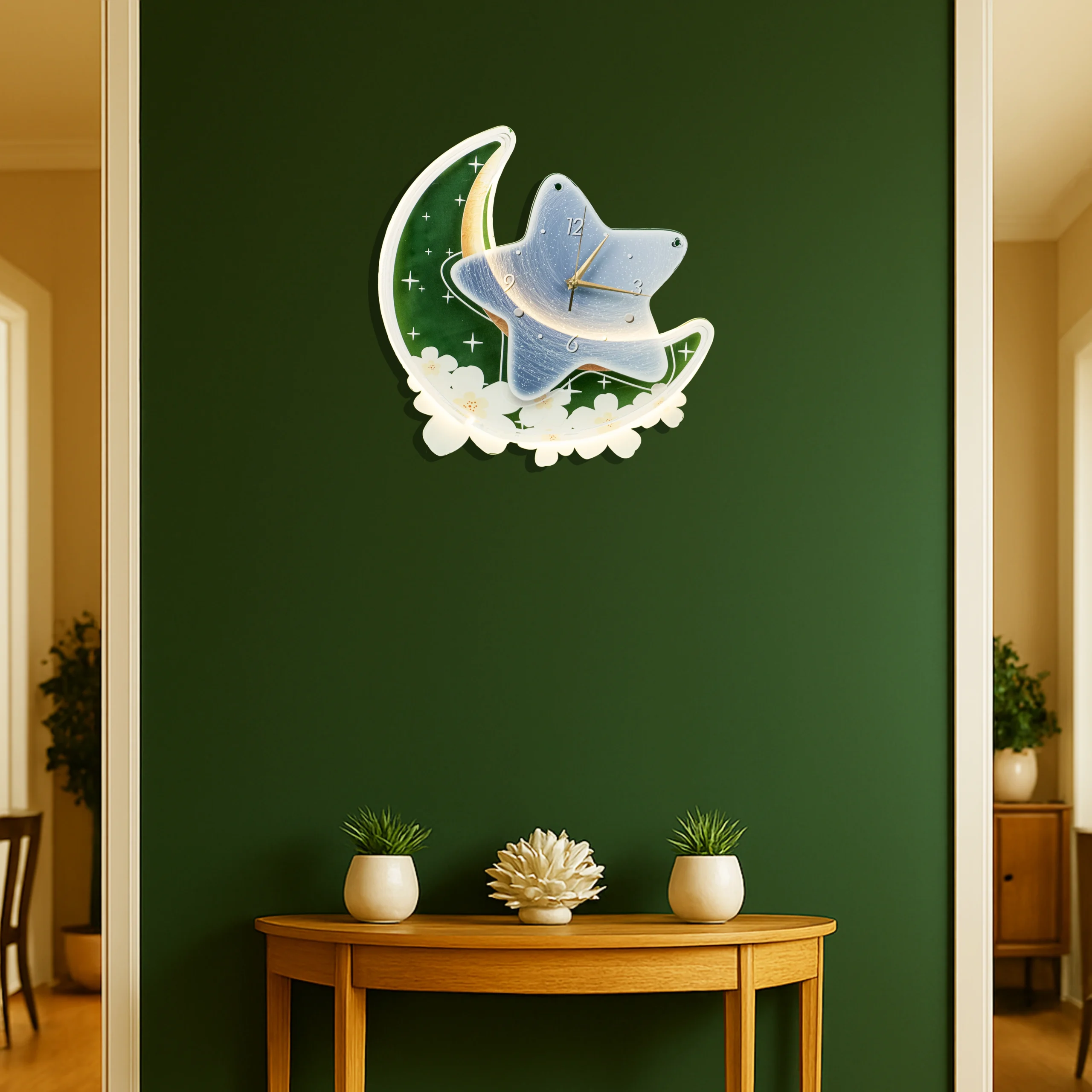 WL48 WCL 1 Dreamy Star & Moon Wall Clock with LED & Porcelain Detailing - Image 1
