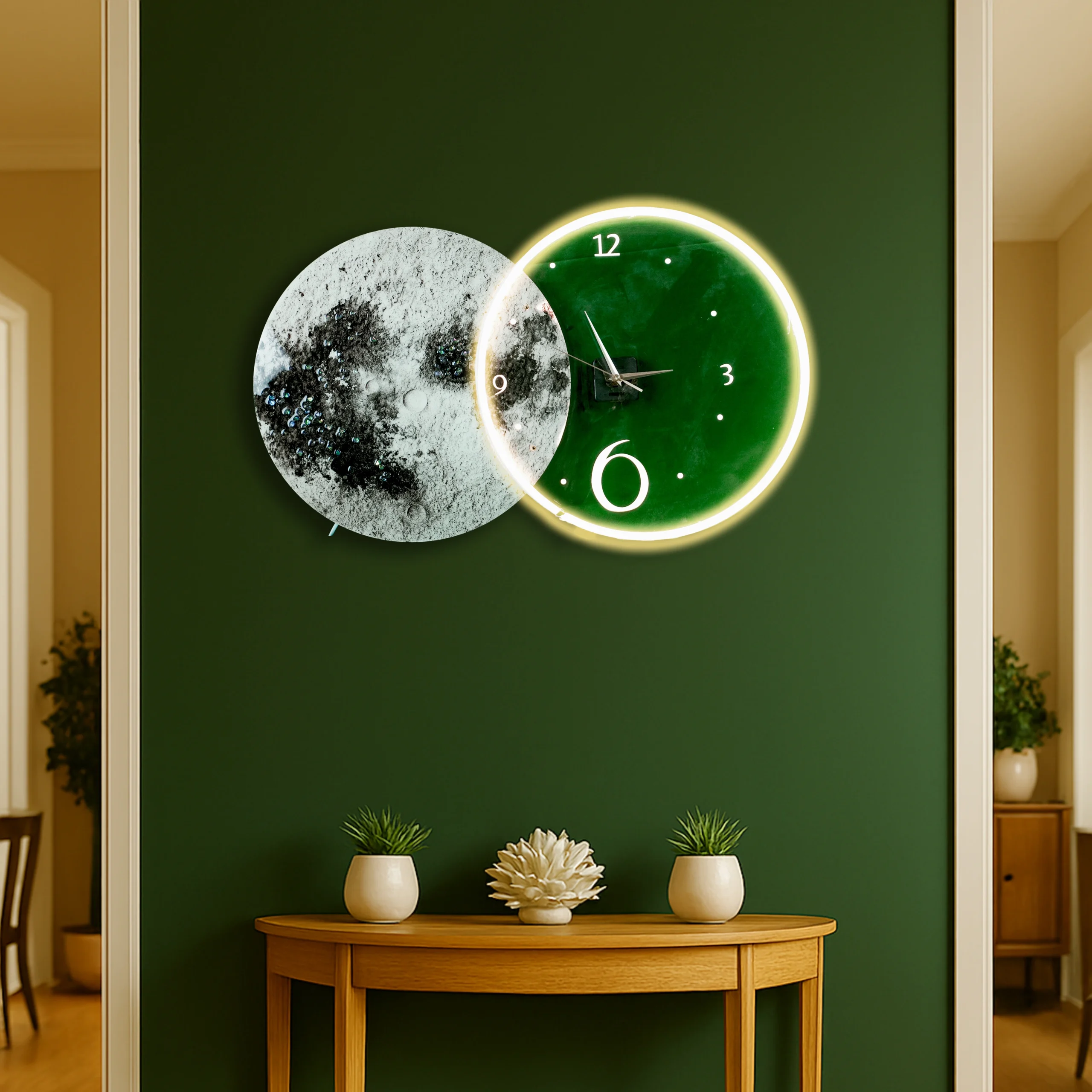 YN108 Art Union` Moon & Earth-Inspired LED Wall Clock – Green Glow with Porcelain Art & Diamond Inlay - Image 1
